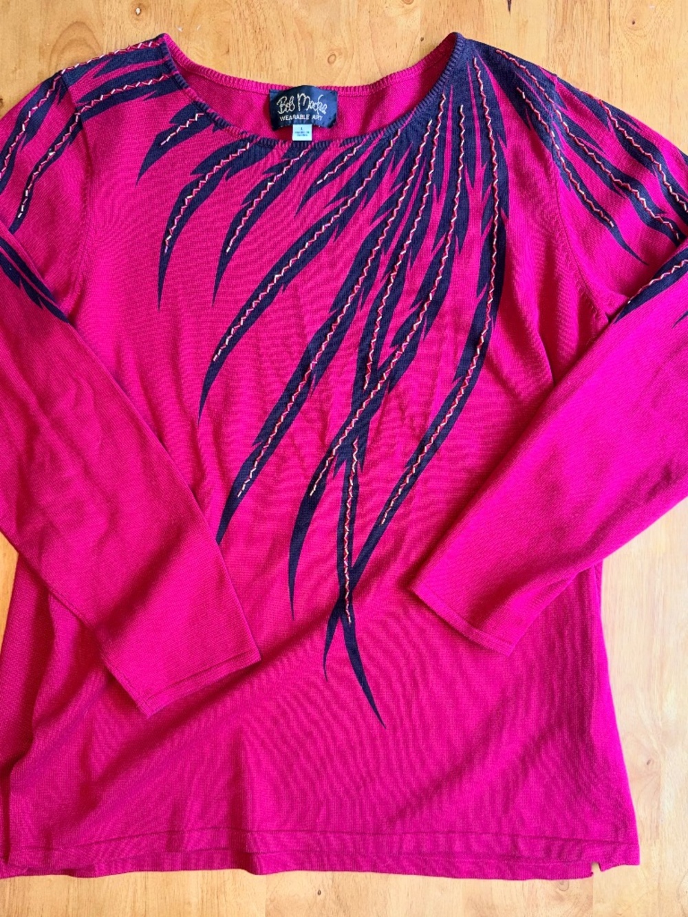 Bob Mackie Wearable Art Red Beaded Feather Graphic Knit Sweater Large 500